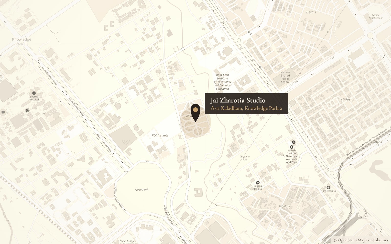Map showing Jai Zharotia Studio at A-11 Kaladham, Knowledge Park 2, Greater Noida