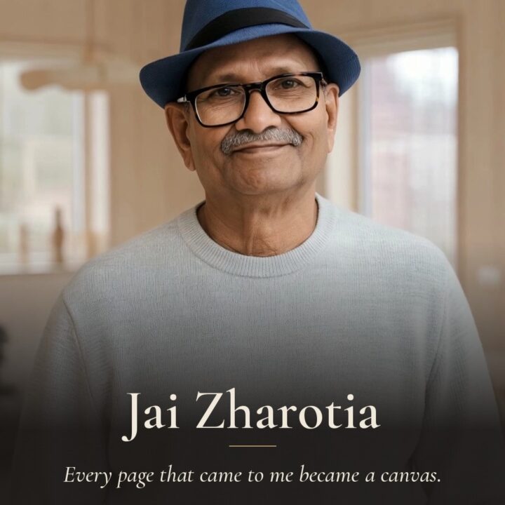 Gallery invitations, institute letters, a stamped envelope. Jai Zharotia drew directly over the ever…